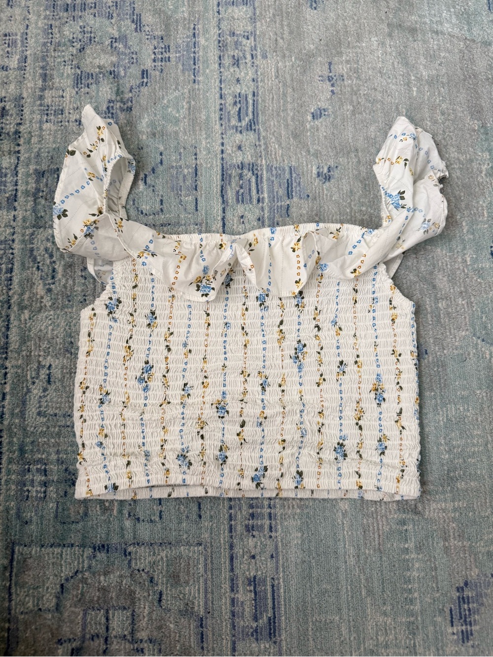 White Floral Ruffle Strap Crop Top